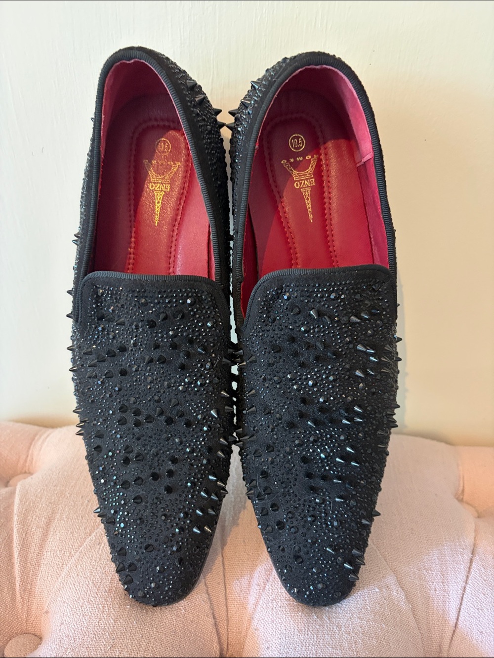 Enzo Romeo Men's Black Crystal-and Spike Embellished Slip-On Loafers -Sz 10.5